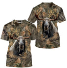 T-shirt camouflage chasse élan forêt feuilles mortes motif élan majestueux all-over tenue chasseur cynégétique