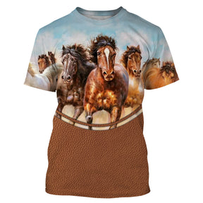 T-shirt équitation all-over avec troupeau de chevaux au galop brun noir et blanc sur fond bleu ciel