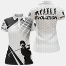 Polo de golf femme blanc avec motif évolution silhouettes golfeuse coupe ajustée