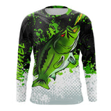 T-shirt anti-UV manches longues pêche bar vert noir blanc bar éclatant et éclaboussures vert pomme