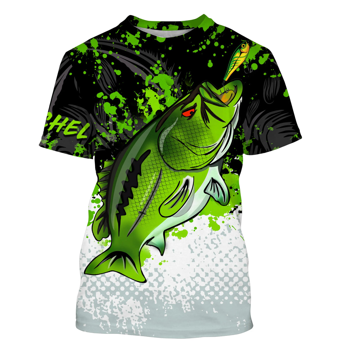 T-shirt col rond all-over pêche bar vert noir blanc grille de pêche en bas