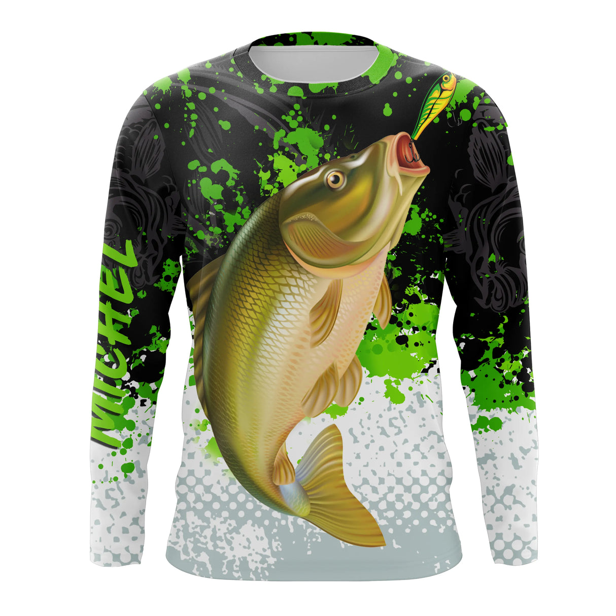 T-shirt anti-UV manches longues pêche carpe vert noir blanc carpe couleur naturelle