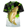 T-shirt col rond all-over pêche carpe vert noir blanc grille de pêche bas