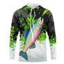 Sweat capuche anti-UV pêche saumon vert noir blanc avec saumon argenté en remontée et éclaboussures vert pomme