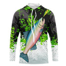 Sweat capuche anti-UV pêche saumon vert noir blanc avec saumon argenté en remontée et éclaboussures vert pomme