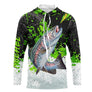 Sweat capuche anti-UV pêche truite vert noir blanc avec truite arc-en-ciel en sortie d'eau et éclaboussures vert pomme