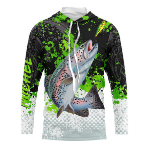 Sweat capuche anti-UV pêche truite vert noir blanc avec truite arc-en-ciel en sortie d'eau et éclaboussures vert pomme