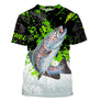 T-shirt col rond all-over pêche truite vert noir blanc grille de pêche bas