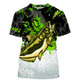 T-shirt col rond all-over pêche silure vert noir blanc grille de pêche bas
