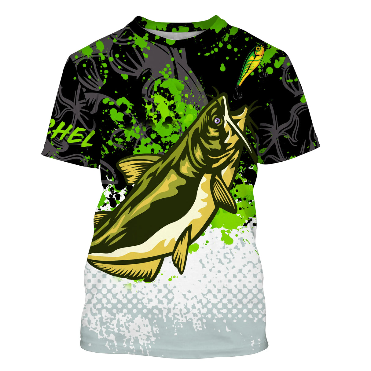 T-shirt col rond all-over pêche silure vert noir blanc grille de pêche bas
