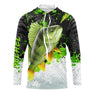 Sweat capuche anti-UV pêche perche vert noir blanc avec perche zébrée massive en attaque et éclaboussures vert pomme