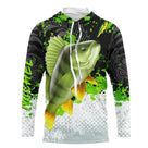 Sweat capuche anti-UV pêche perche vert noir blanc avec perche zébrée massive en attaque et éclaboussures vert pomme