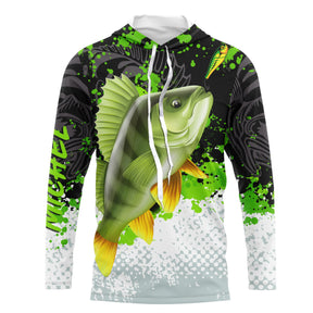 Sweat capuche anti-UV pêche perche vert noir blanc avec perche zébrée massive en attaque et éclaboussures vert pomme