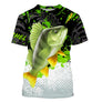 T-shirt col rond all-over pêche perche vert noir blanc grille de pêche bas