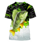 T-shirt col rond all-over pêche perche vert noir blanc grille de pêche bas