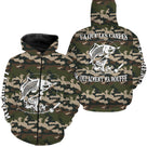 Hoodie pêche carpe UV all-over camouflage forêt motif carpe noire encrée humour pêcheur prénom personnalisé