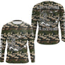Maillot UV manches longues pêche brochet all-over camouflage forêt motif brochet noir encré prénom personnalisé