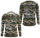 Maillot UV manches longues pêche brochet all-over camouflage forêt motif brochet noir encré prénom personnalisé