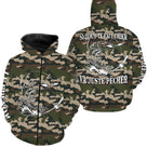 T-shirt UV pêche brochet all-over camouflage motif brochet noir encré toutes saisons pêcheur prénom personnalisé