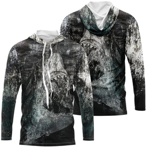 Tenue de pêche en mer personnalisée hoodie sombre eau profonde avec requin gros plan Shark Hunter