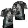 T-shirt all-over pêche en mer sombre avec requin gros plan coupe unisexe big game