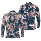Polo de golf manches longues unisexe camouflage rose et bleu marine silhouettes golfeuses voiturettes parcours frais