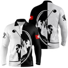 Polo de golf manches longues unisexe noir blanc silhouettes golfeurs drapeau suisse rouge parcours frais