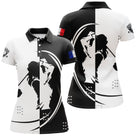 Polo de golf femme bicolore noir blanc silhouettes golfeuses drapeau France coupe ajustée féminine