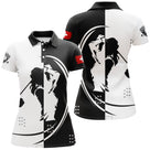 Polo de golf femme bicolore noir blanc silhouettes golfeuses drapeau suisse coupe ajustée féminine