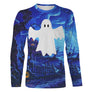 T-shirt Halloween fantôme vue de face design fête, coupe unisexe all-over disponibles