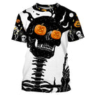 T-shirt Halloween all-over avec grand crâne noir et deux citrouilles jack-o-lantern oranges en lieu d yeux sur fond blanc