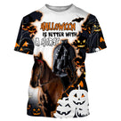 T-shirt Halloween all-over avec cheval brun et cavalier sombre sous lune blanche fond orange flamboyant et citrouilles