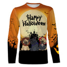 T-shirt Halloween chiens costumés vue de face design familial orange et blanc, coupe unisexe all-over