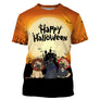 T-shirt Halloween all-over avec trois chiens costumés carlin bouledogue chihuahua et lettrage Happy Halloween sur fond