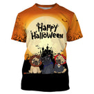 T-shirt Halloween all-over avec trois chiens costumés carlin bouledogue chihuahua et lettrage Happy Halloween sur fond
