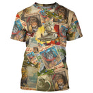 T-shirt chat aviateur beige vintage avec chats pilotes et affiches d'aviation rétro all-over