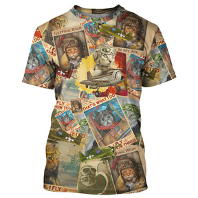 T-shirt chat aviateur beige vintage avec chats pilotes et affiches d'aviation rétro all-over