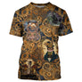 T-shirt chat steampunk brun cuivré doré avec engrenages all-over et chats inventeurs hauts-de-forme