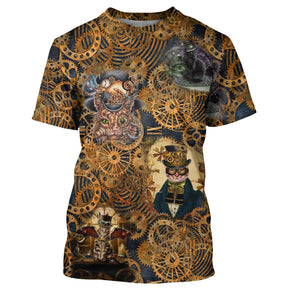 T-shirt chat steampunk brun cuivré doré avec engrenages all-over et chats inventeurs hauts-de-forme