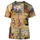 T-shirt chat musicien beige vintage avec chat à la guitare et partitions musicales all-over