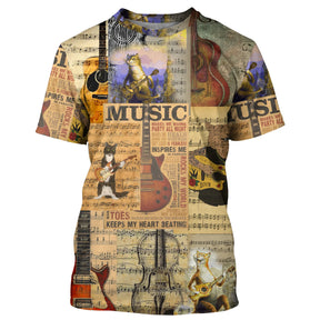 T-shirt chat musicien beige vintage avec chat à la guitare et partitions musicales all-over