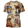 T-shirt chat pirate beige vintage avec capitaines félins barbus et carte aux trésors all-over