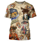 T-shirt chat pirate beige vintage avec capitaines félins barbus et carte aux trésors all-over