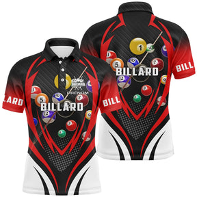 Polo billard rouge noir avec boules numérotées colorées en cercle et lettrage BILLARD, prénom personnalisé