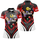Polo billard rouge noir professionnel vue alternative, design boules numérotées et lettrage Billard