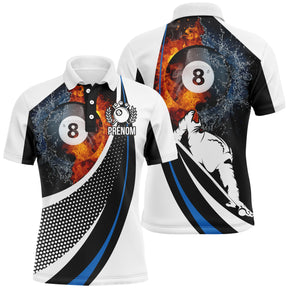 Polo billard blanc noir bleu homme avec boule 8 enflammée entre eau et feu, silhouette billardiste, prénom personnalisé