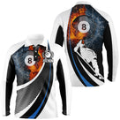 Polo billard manches longues unisexe blanc noir bleu avec boule en feu et silhouette joueur, prénom personnalisé