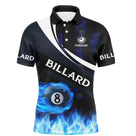 Polo billard marine homme avec BILLARD et boule 8 en flammes bleues, prénom et logo torse personnalisés