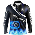 Polo billard manches longues unisexe marine avec BILLARD et boule en flammes bleues, prénom personnalisé