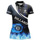 Polo billard marine femme avec motif BILLARD et boule en feu bleu, prénom et logo torse personnalisés
